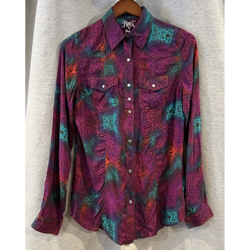 Wrangler Rock 47 Western Shirt Womens Small Colorful Animal Print Snap Up Knit